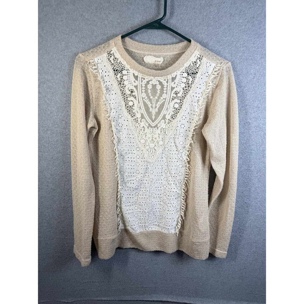 A'reve Sweater Womens Small Beige Lace Front Fringe Sheer Knit Long Sleeve